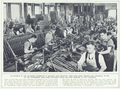 Fucili Bren in fase di completamento e assemblaggio in una delle fabbriche di armi leggere del governo, da The Illustrated War News, pubblicato il 22 novembre 1939 da English Photographer